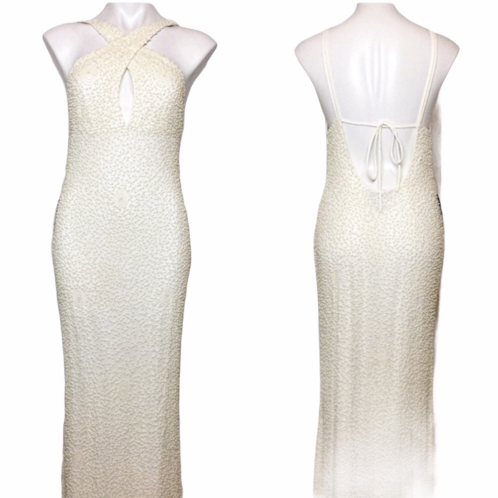 Adrianna Papell Open Back Halter Pearl Dress